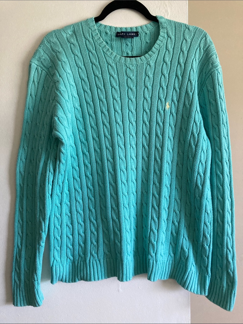 Vintage Ralph Lauren Cable Knit Sweater XL Aqua Blue Crewneck Pullover Cotton